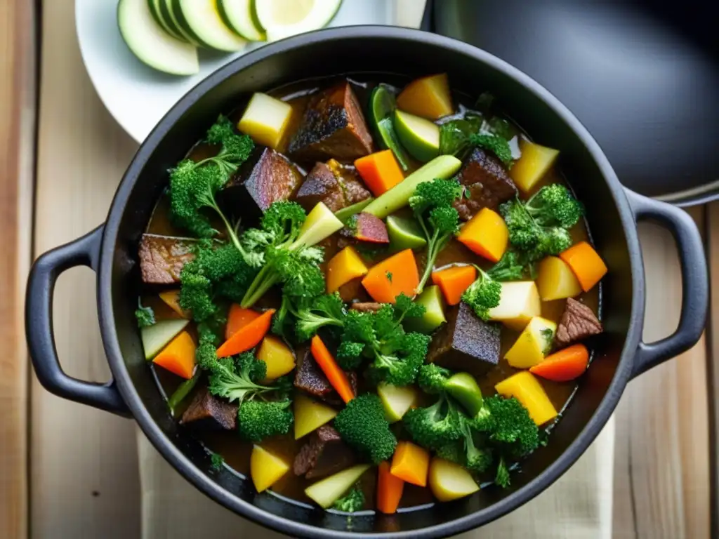 Una olla de hierro llena de guiso burbujeante, con ingredientes coloridos y vapor, evoca recetas históricas culturales