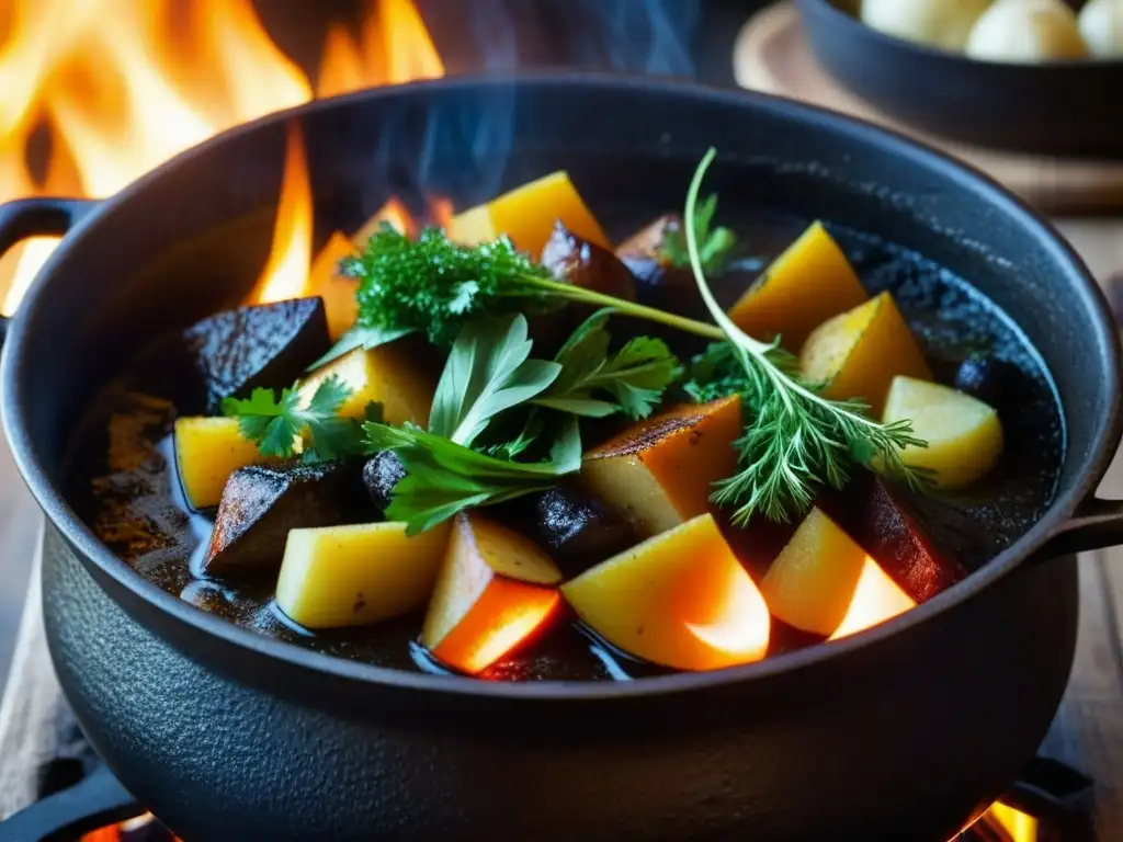 Una olla de hierro llena de guiso burbujeante sobre fuego abierto, evocando recetas históricas con olla de hierro