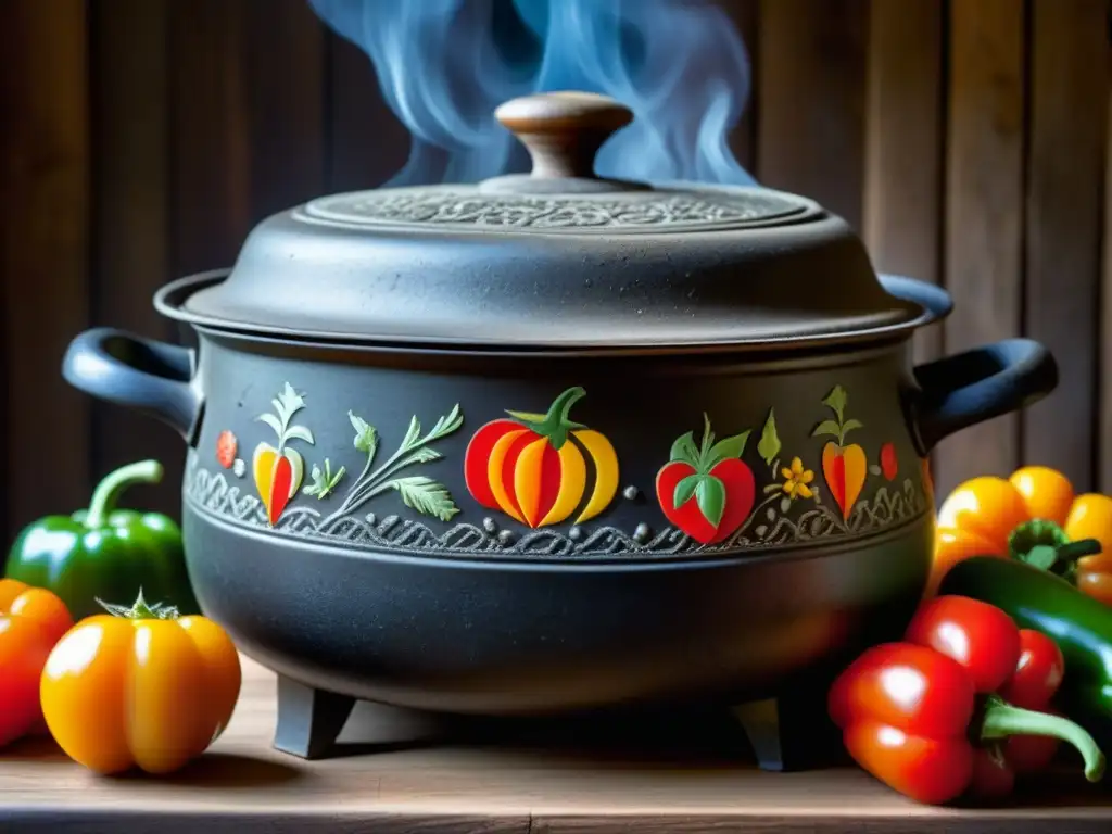 Una olla de hierro, llena de historia y sabor, rodeada de ingredientes frescos