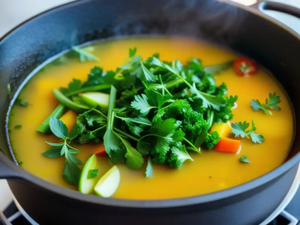 Una olla de hierro llena de estofado, rodeada de verduras frescas y hierbas, evocando recetas históricas con olla de hierro