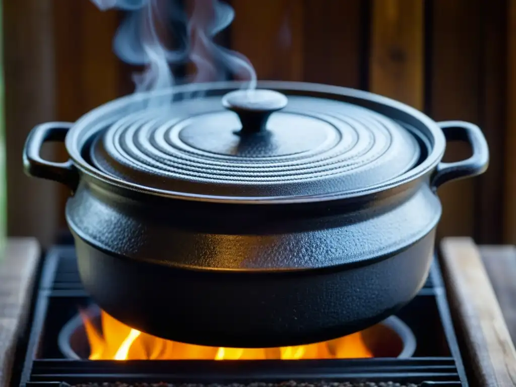 Una olla de hierro moderna con historia, cocinando a fuego lento en estufa rústica