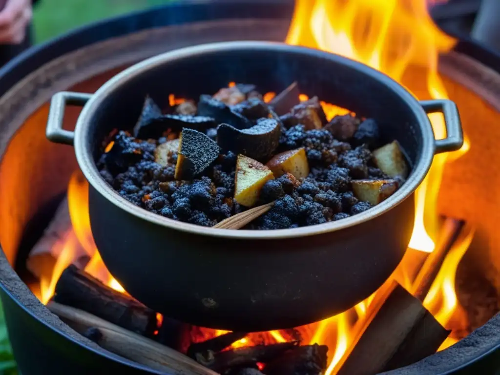 Una olla de hierro negra llena de estofado burbujeante, rodeada de personas diversas compartiendo historias y risas junto al fuego