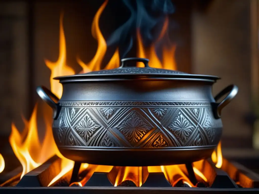 Una olla de hierro tradicional muestra patrones detallados y marcas de uso en una acogedora cocina rústica con métodos de cocción en olla de hierro