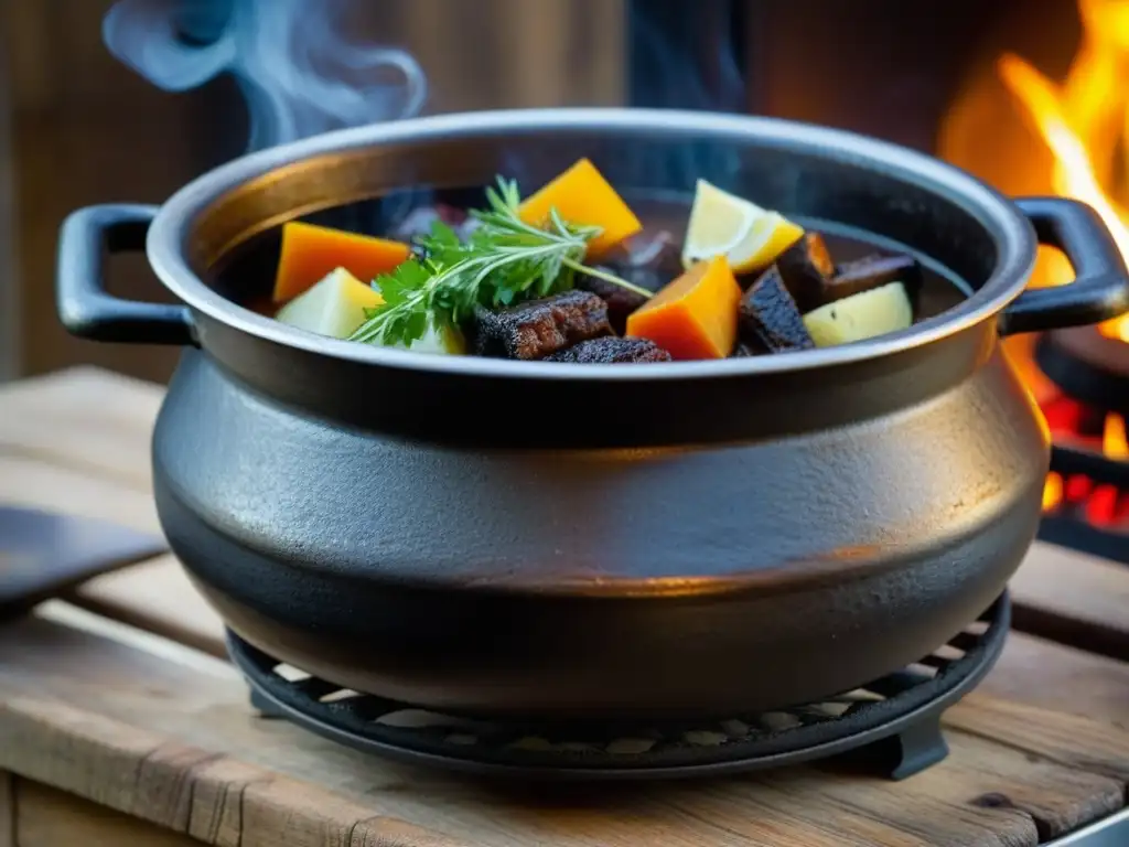 Una olla de hierro bien sazonada en una estufa rústica, burbujeando un guiso reconfortante