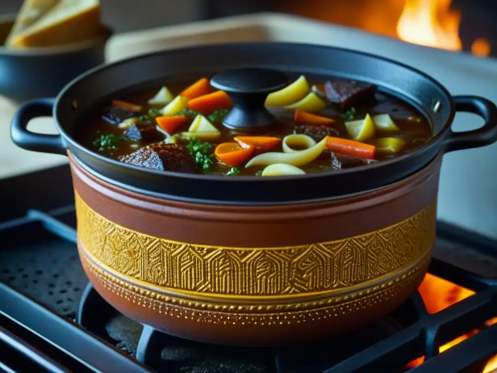 Una olla de hierro bien sazonada burbujeando en la estufa, destacando la cocción en olla de hierro con detalle y tradición culinaria