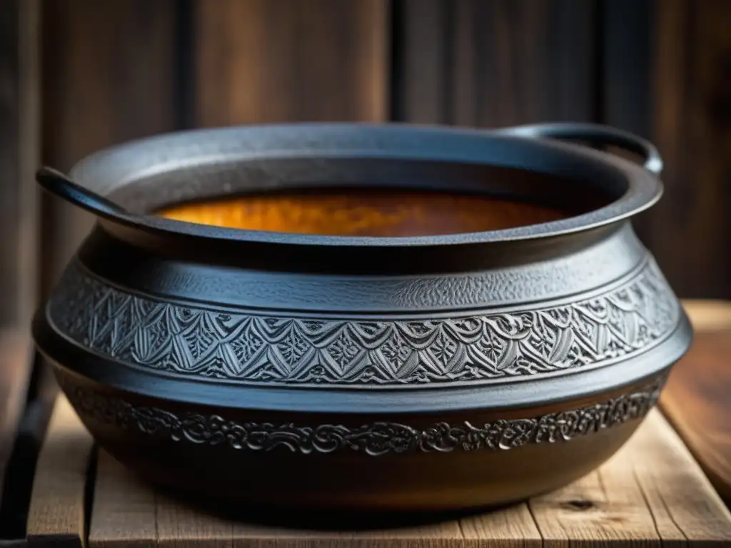 Una olla de hierro bien sazonada sobre una mesa de madera rústica, iluminada por luz natural, muestra patina oscura y texturas