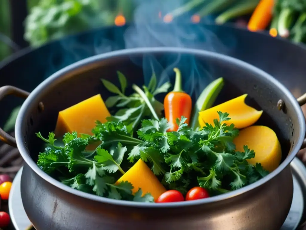 Una olla de hierro tradicional hierve sobre el fuego, rodeada de vibrantes ingredientes frescos