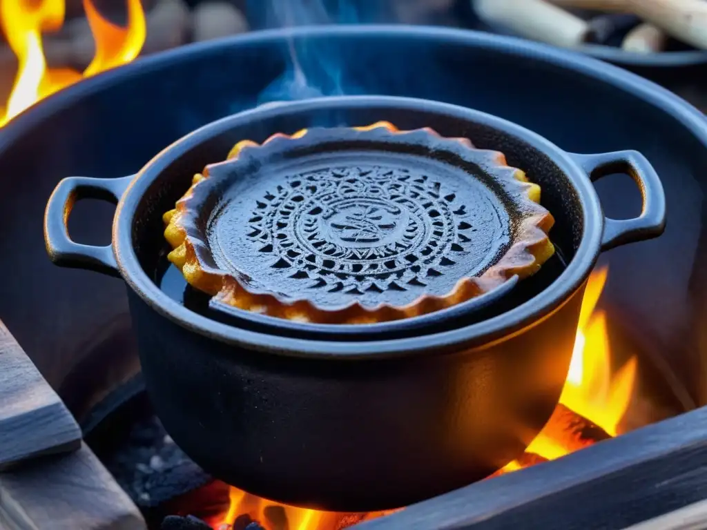 Una olla de hierro tradicional cocinando un guiso, resaltando las técnicas de cocción en olla