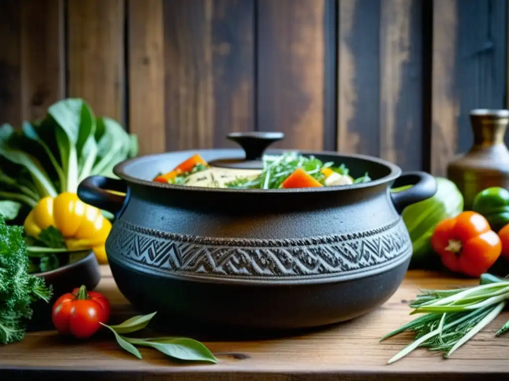 Una olla de hierro vintage con desgaste y patrones de temporada, rodeada de ingredientes frescos, evocando tradiciones gastronómicas