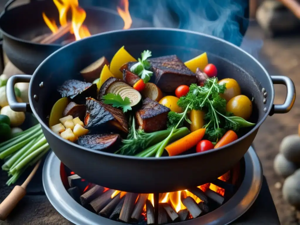 Olla de hierro histórica con ingredientes coloridos para recetas culturales