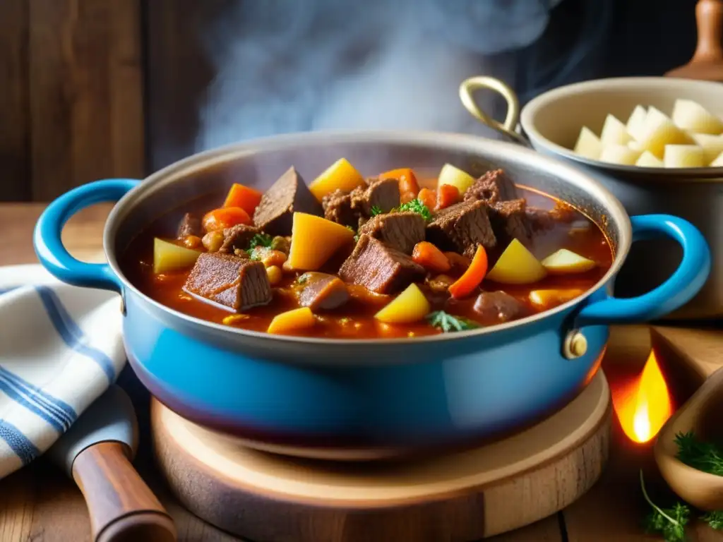 Una olla humeante de gulash húngaro tradicional, con colores ricos y texturas, evoca la evolución de recetas históricas