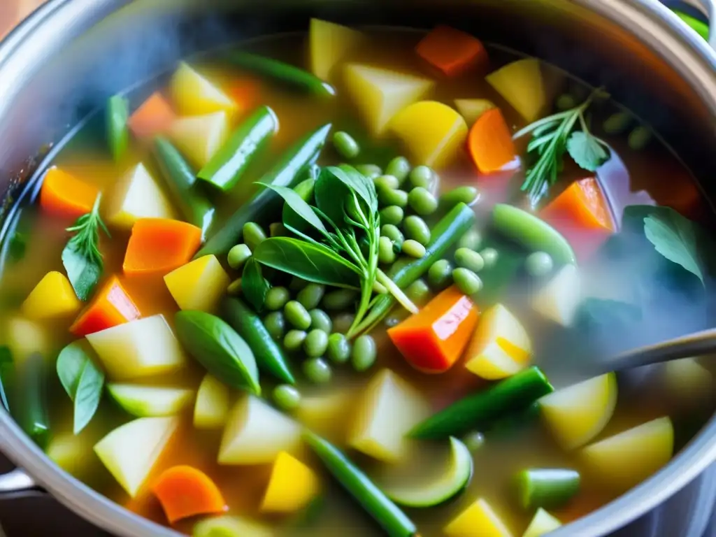 Una olla humeante llena de una colorida y abundante sopa comunitaria, con verduras frescas y hierbas, capturando la esencia de la unidad y la tradición