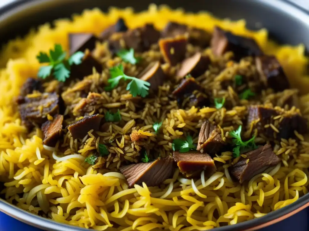 Una olla humeante llena de biryani: arroz, carne y especias vibrantes