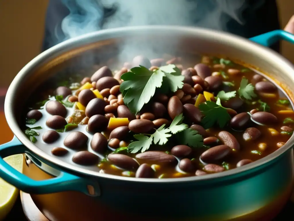 Una olla humeante llena de frijoles charros, resaltando cada ingrediente y creando una representación visual tentadora de este plato cultural