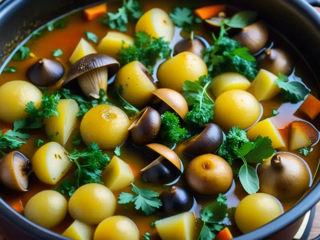 Una olla humeante llena de rico Capchi de setas, con colores vibrantes y texturas que evocan la historia del Capchi de setas