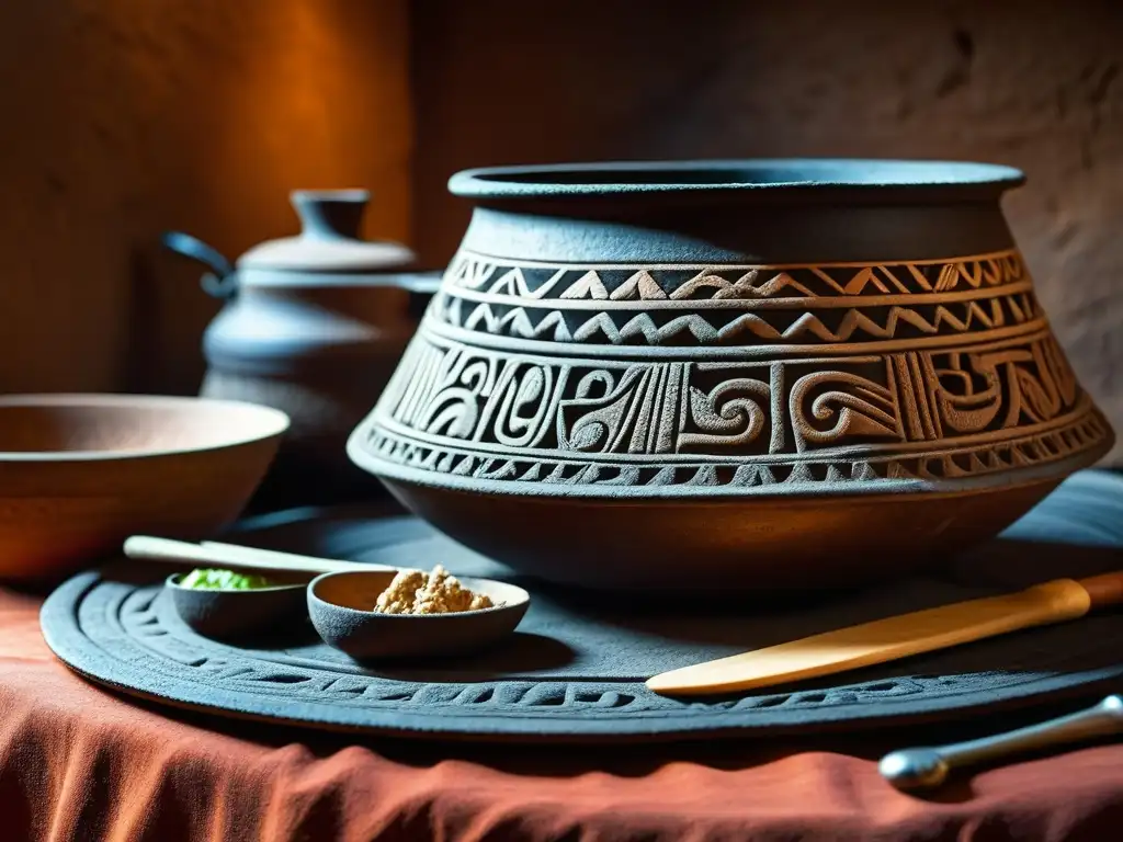 Una olla Inca antigua detallada con grabados, restos de comida carbonizada y utensilios de cocina tradicionales