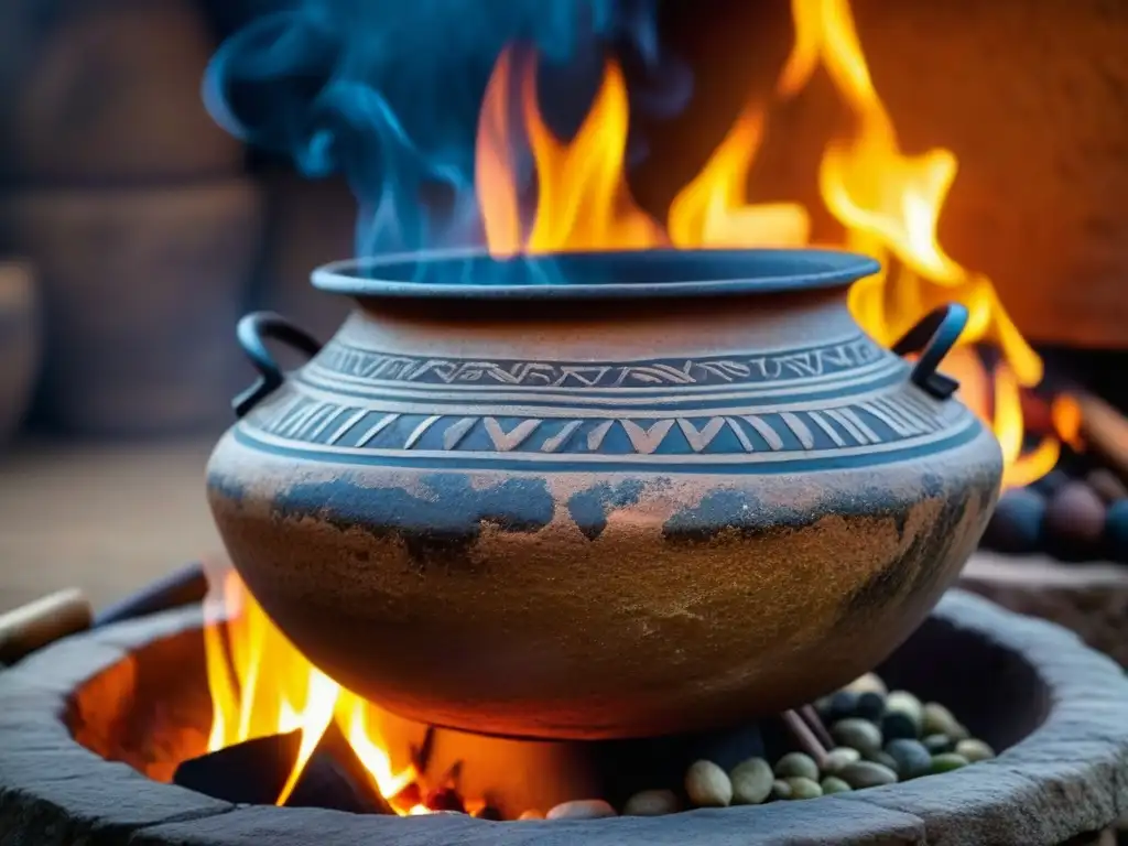 Una olla Inca antigua con diseños intrincados, cocinando un guiso tradicional en un fogón de piedra