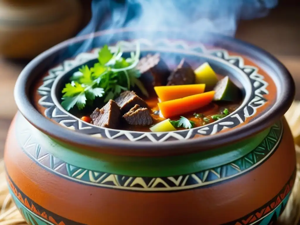 Una olla inca llena de estofado de llama, destacando colores vibrantes y vapor aromático