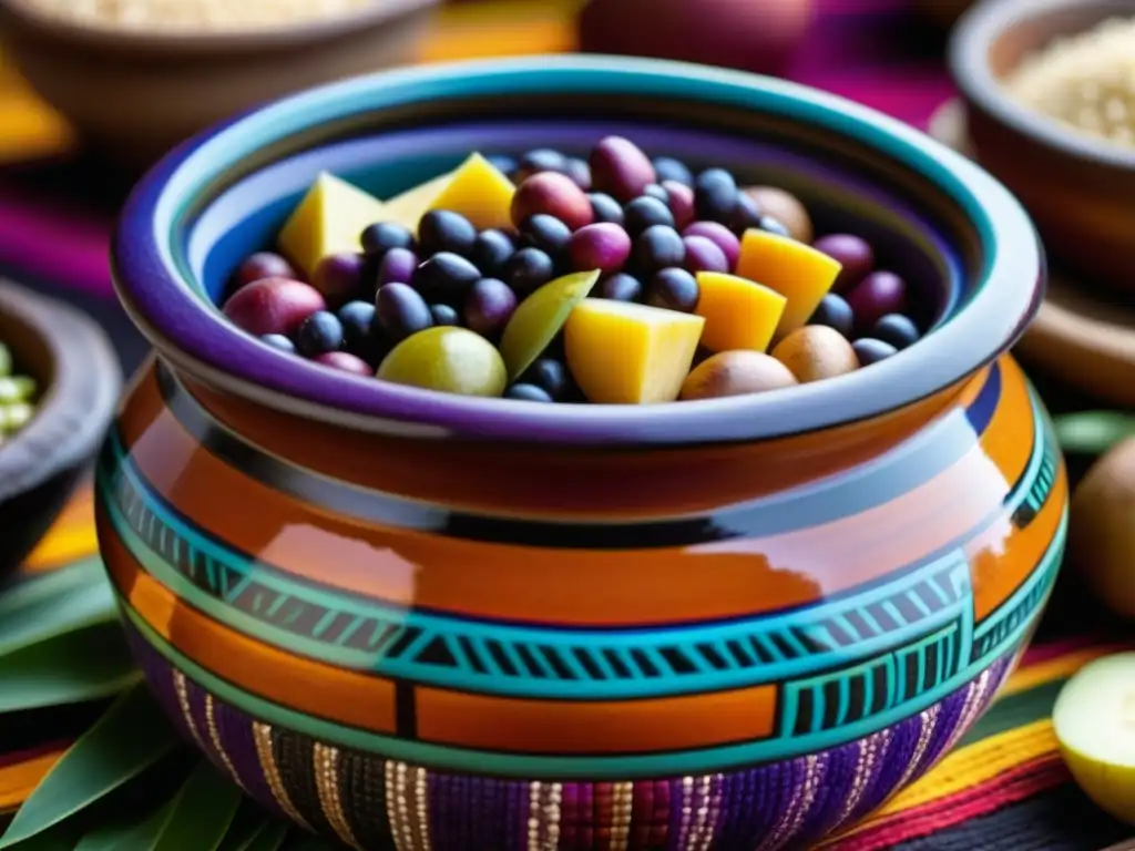 Olla Inca llena de quinua, maíz morado y papas, mostrando la rica tradición culinaria Inca