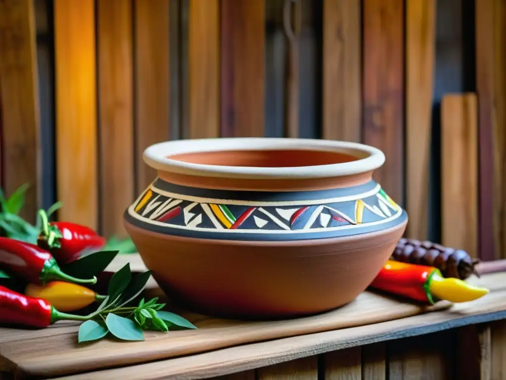 Una olla azteca llena de ingredientes vibrantes en una cocina rústica, destacando las recetas históricas cultura azteca