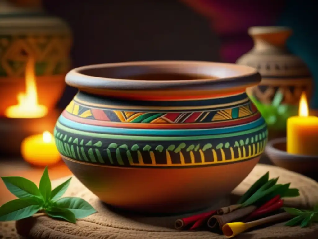 Una olla maya antigua llena de especias y hierbas coloridas, resaltando detalles y colores vibrantes