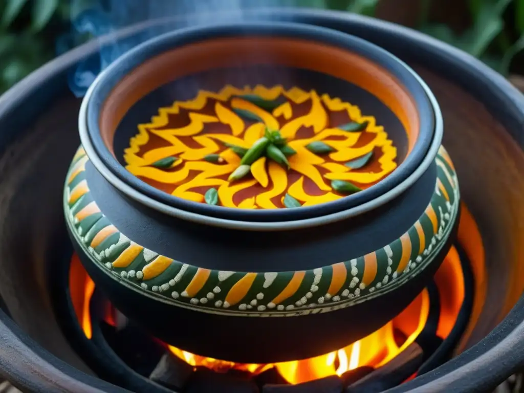 Una olla Maya con estofado burbujeante sobre fuego abierto en la selva