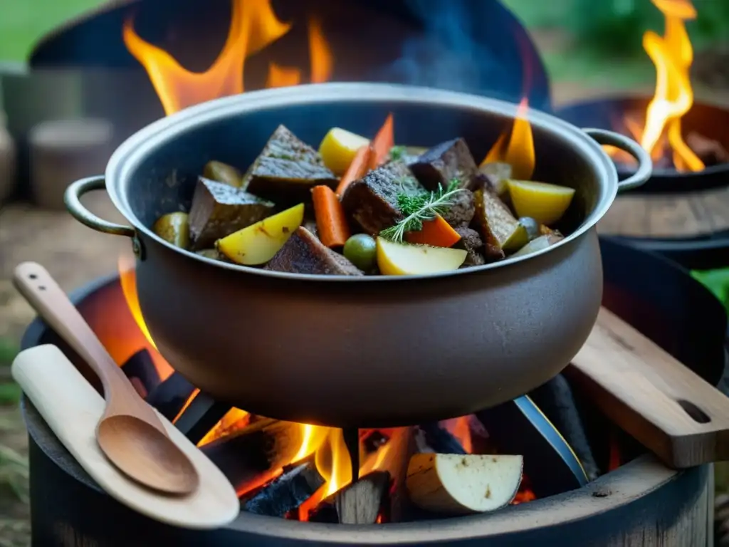 Una olla medieval de cocina de las Cruzadas recetas, con estofado de cordero, especias y cocineros históricos en un bullicioso escenario