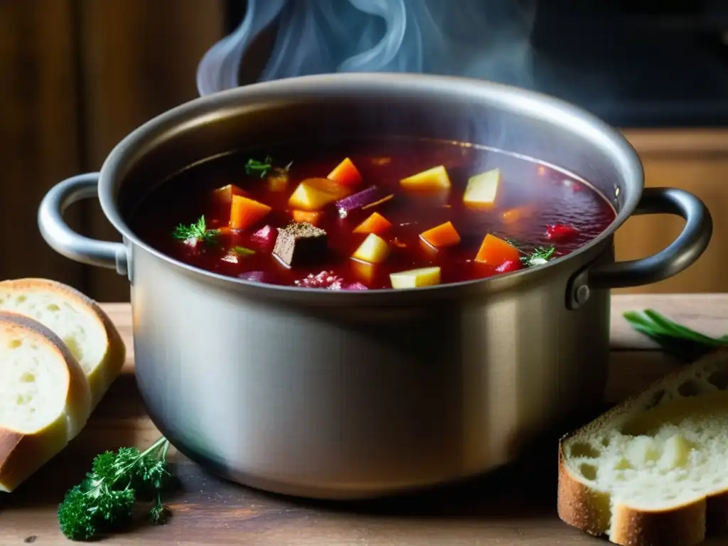 Una olla de metal rústica llena de borsch burbujeante sobre fuego, en cocina soviética durante Segunda Guerra