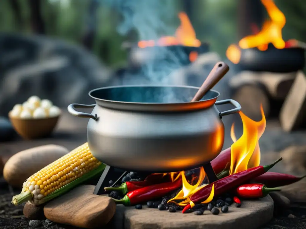 Una olla metálica antigua llena de estofado burbujeante sobre fuego de campamento, rodeada de utensilios de cocina históricos