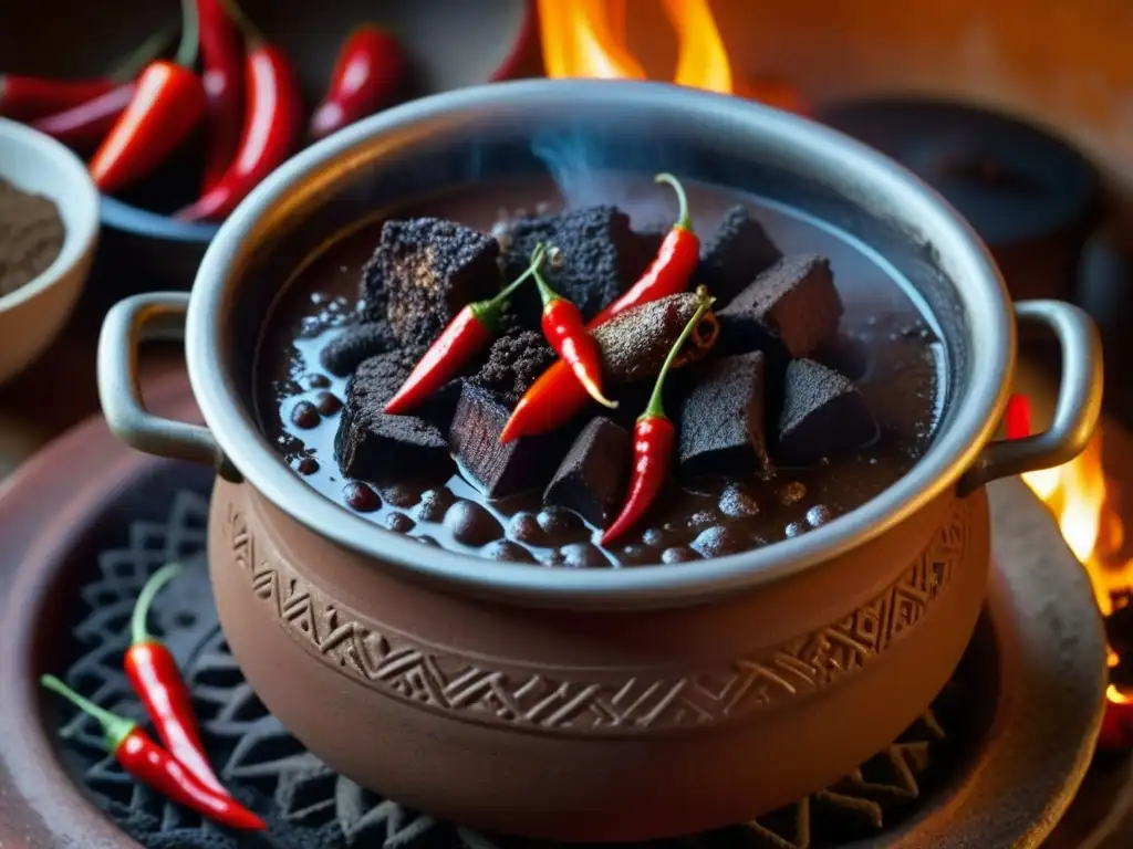 Una olla de mole de olla humeante sobre estufa de barro, con chiles rojos y carne tierna, en la Revolución Mexicana