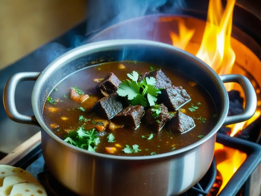 Una olla de Mole de Olla en Revolución Mexicana, con vapor y colores vibrantes, evocando su esencia culinaria