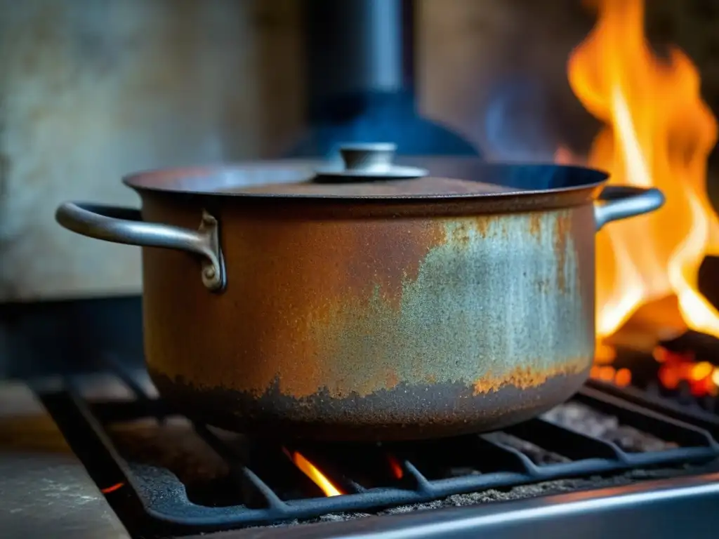 Una olla oxidada en una cocina de guerra, llena de guiso humeante