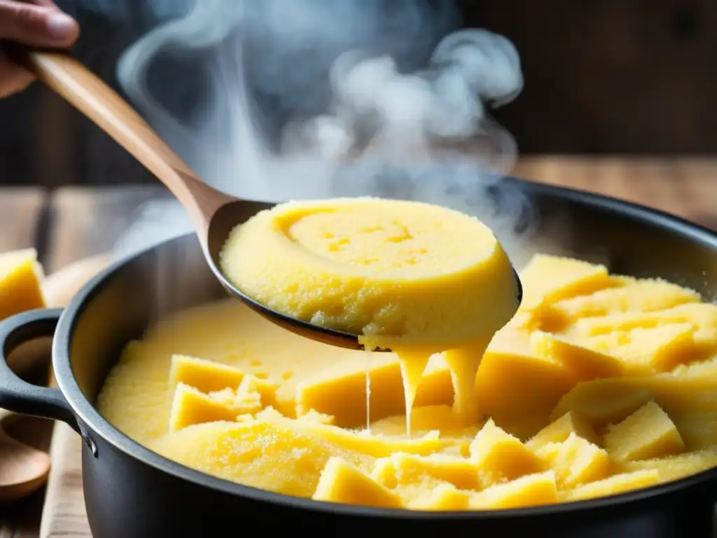 Una olla de polenta dorada burbujea, mientras se revuelve con una cuchara de madera