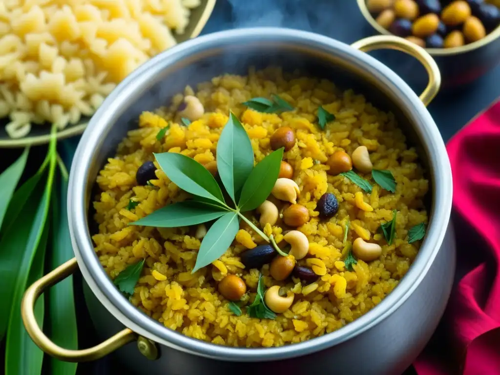 Una olla de Pongal humeante, plato tradicional del sur de la India, adornado con ingredientes y hojas de curry frescas