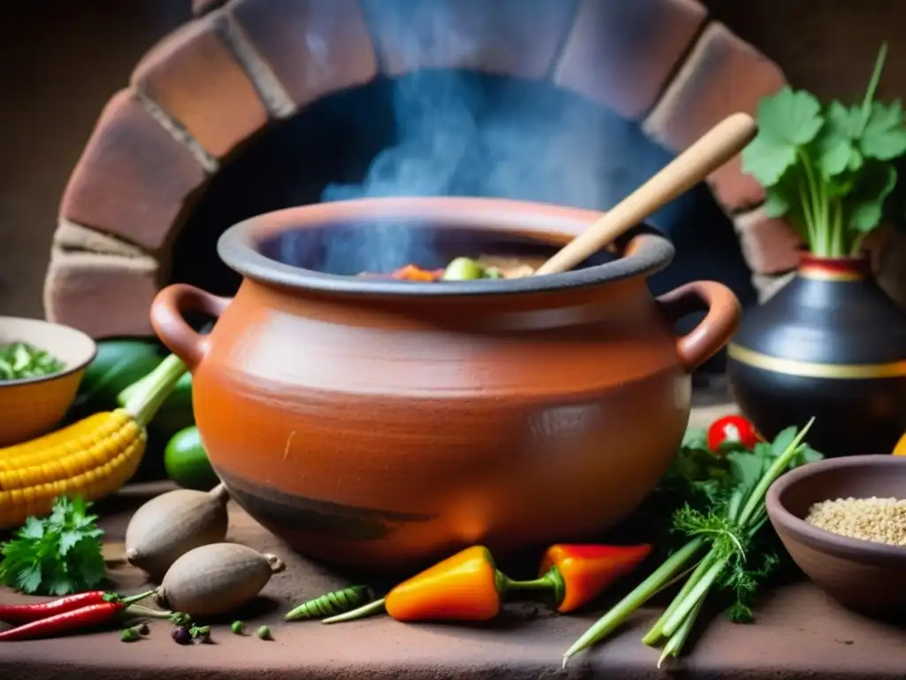 Una olla precolombina llena de exquisita fusión de técnicas culinarias era postcolombina, rodeada de ingredientes autóctonos