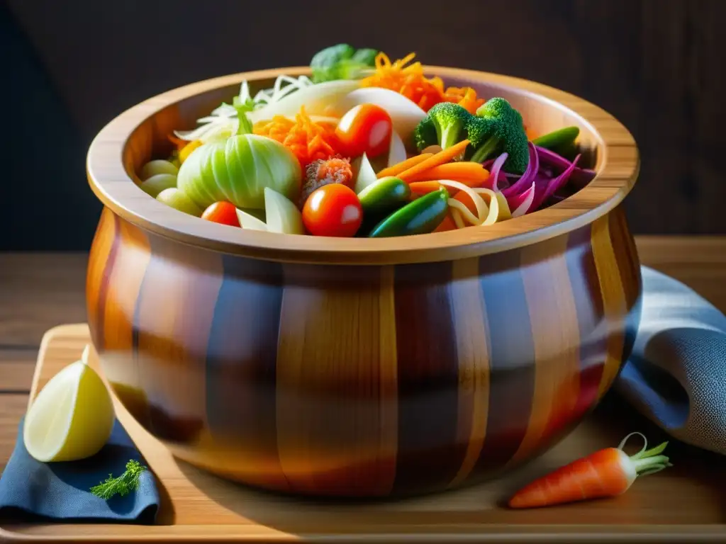 Una olla de fermentación rebosante de verduras encurtidas y kimchi, capturando la tradición de conservación de culturas históricas