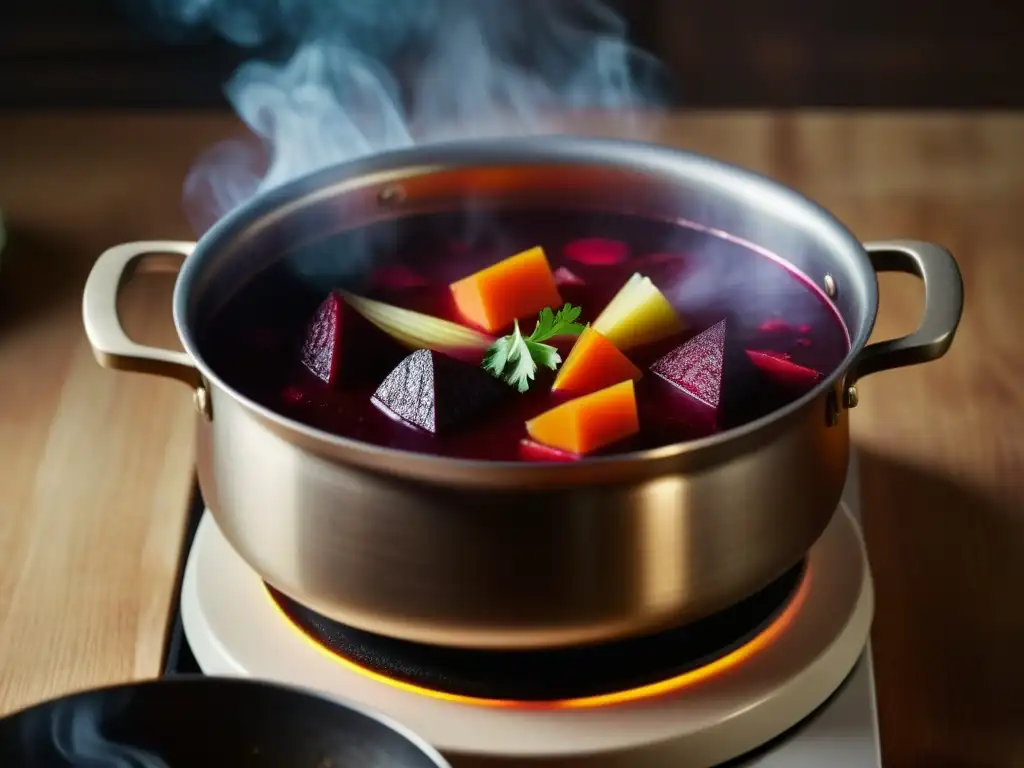 Una olla de borsch rojo vibrante en la estufa, reflejando la esencia de la cocina rusa y el calor de una comida casera