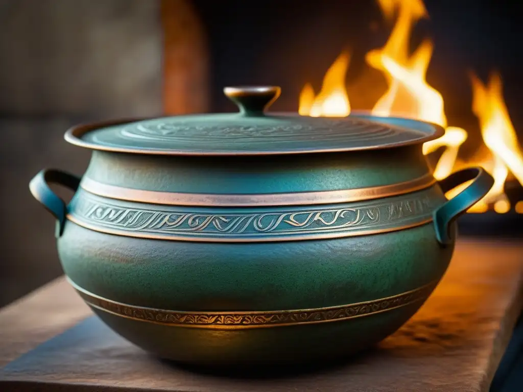 Réplica de olla romana de bronce con grabados de escenas culinarias, reflejando historia y artesanía