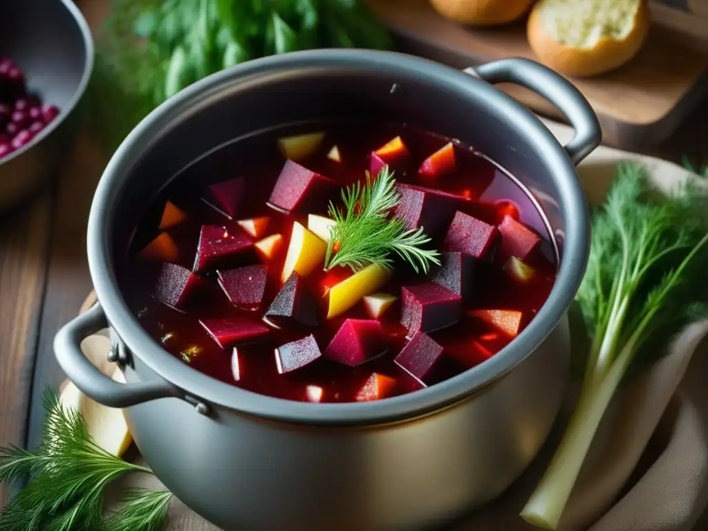 Una olla de borsch ruso tradicional, con caldo de remolacha roja, verduras y eneldo fresco, reflejando la influencia de Napoleón en la cocina rusa