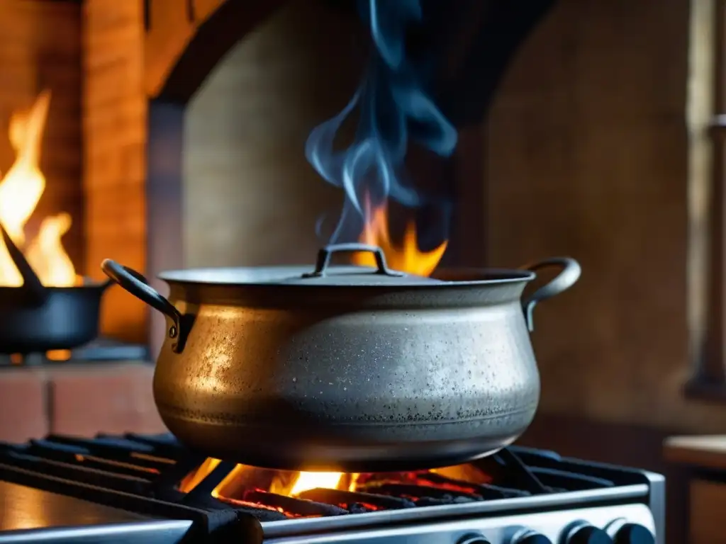 Una olla rústica sobre fuego en cocina tradicional: historia, evolución y utensilios de cocina en detalle