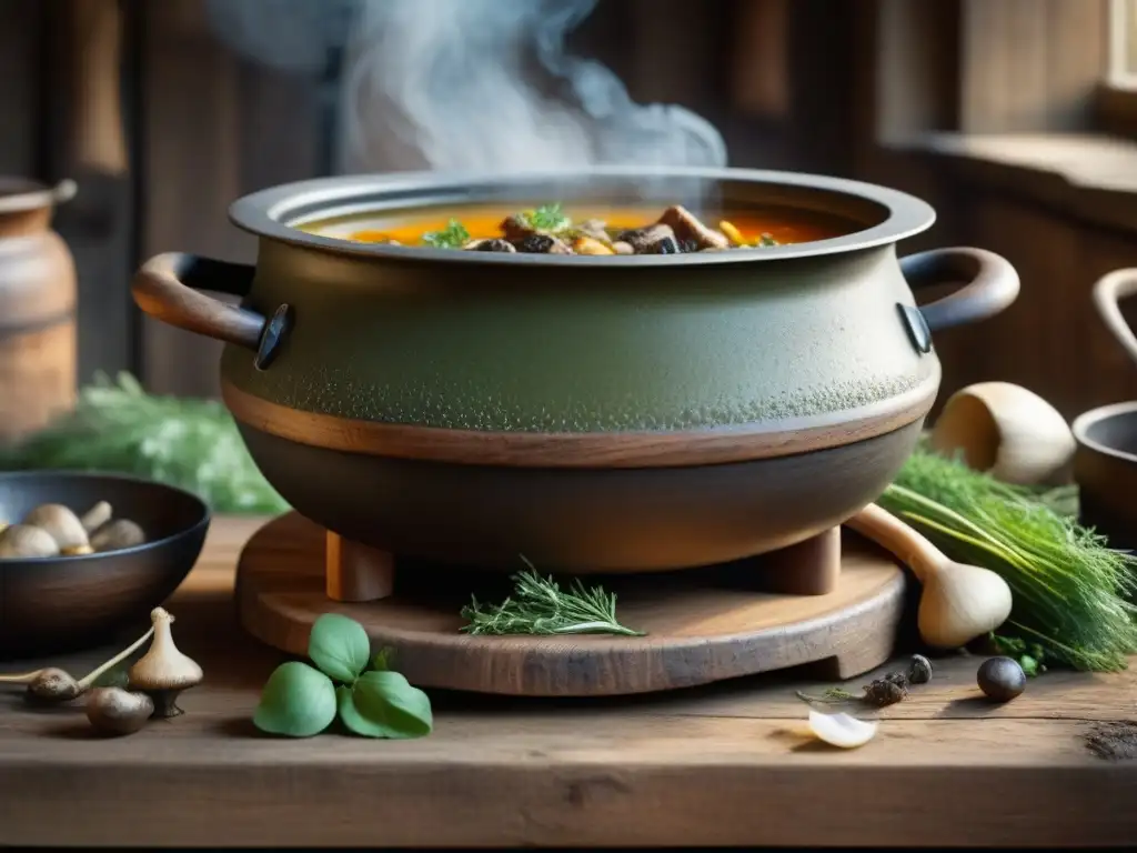 Una olla rústica rebosante de sopa nórdica preVikinga, cocinada con ingredientes silvestres, en una cocina ancestral