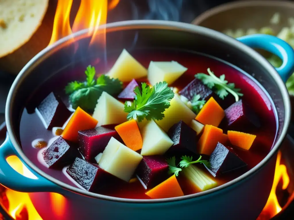 Una olla soviética antigua con sopa borsch tradicional, reflejando la cocina rusa en período soviético