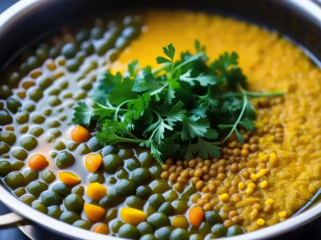 Una olla de tagine burbujeante llena de estofado de lentejas aromático, con colores vibrantes y vapor fragante