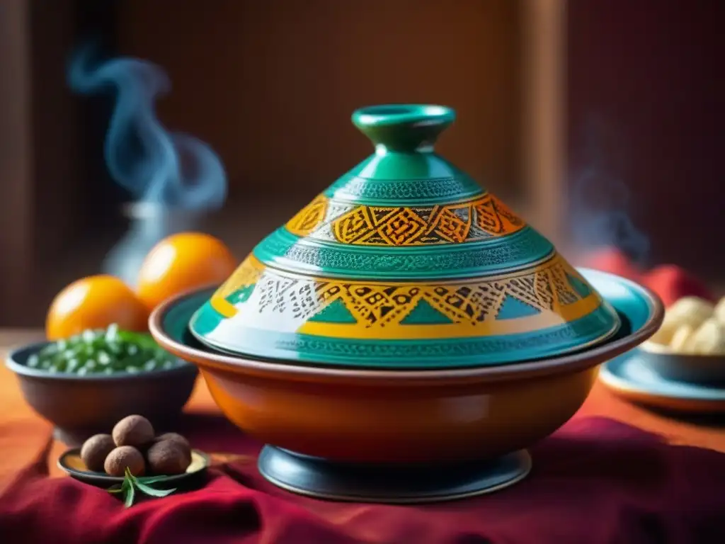 Una olla de tajine bereber llena de un guiso aromático y colorido, reflejando las influencias culinarias en la cocina bereber del Magreb