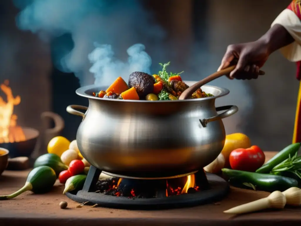 Una olla tradicional africana rebosante de estofado, rodeada de vegetales frescos y hierbas