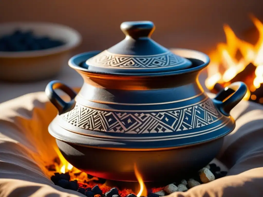 Una olla tradicional norteafricana tagine, con especias y frutas secas, adornada con patrones berberescos, en desierto