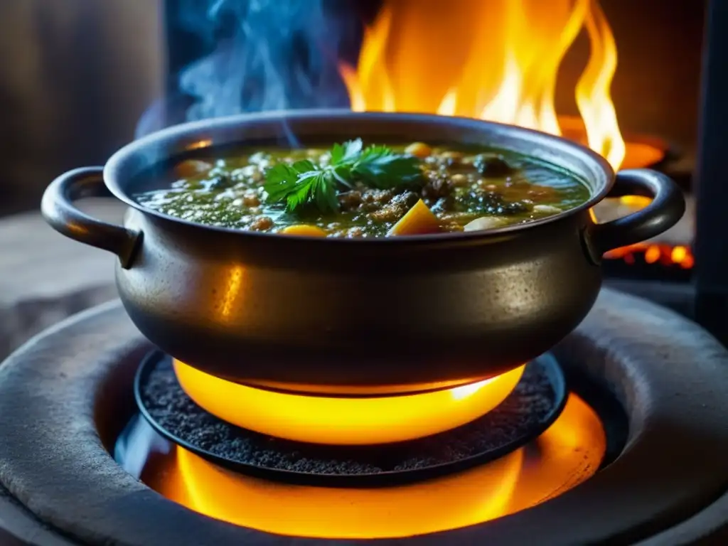 Una olla tradicional persa en el fuego, burbujeando un guiso aromático