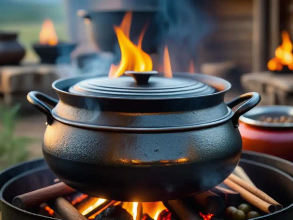 Una olla tradicional sudafricana potjie pot con influencia británica cocinando sobre fuego, rodeada de utensilios y ingredientes