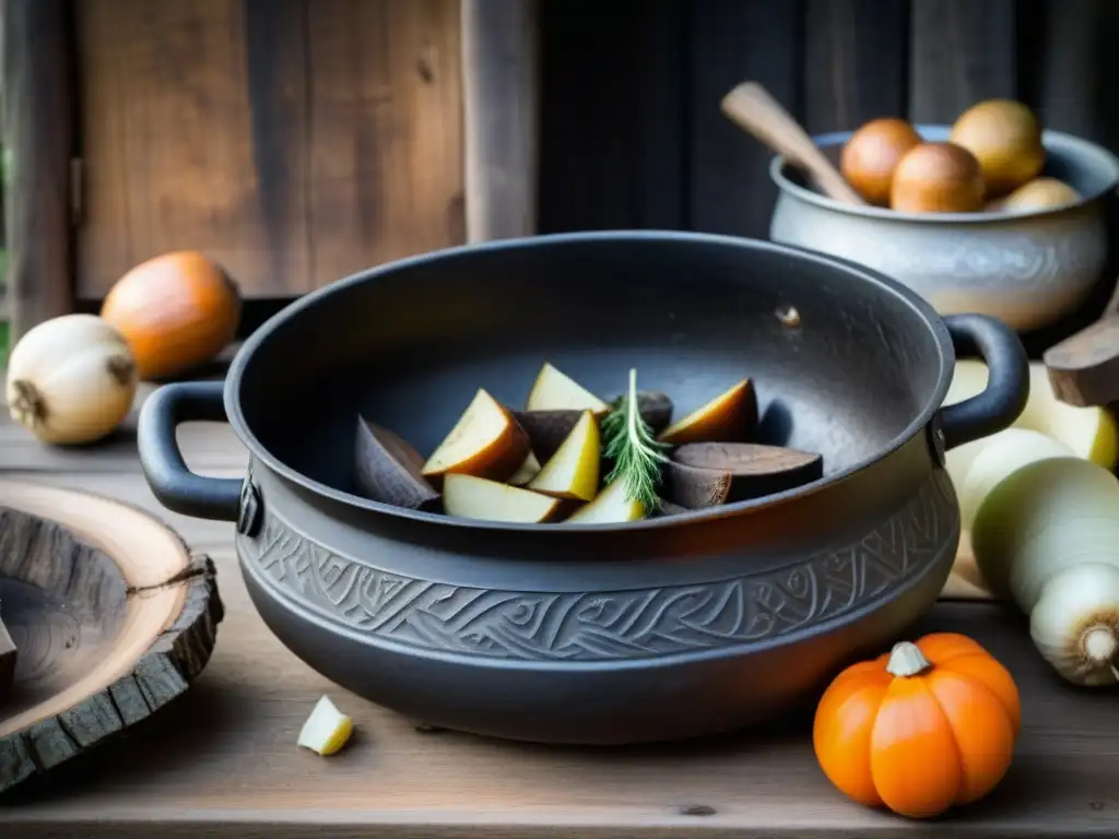 Antigua olla vikinga: resistencia y tradición nórdica Una olla vikinga desgastada con grabados detallados, restos de estofado y alimentos crudos en una mesa de madera áspera