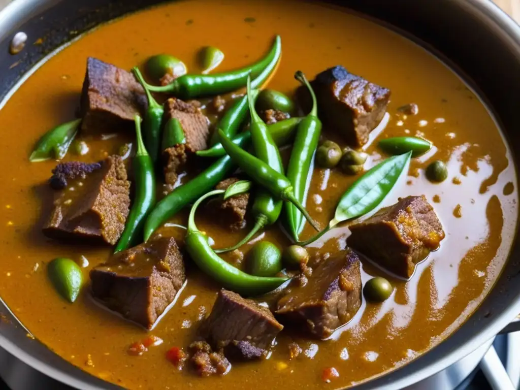 Una olla de vindaloo curry burbujeante con carne tierna, especias y chiles verdes frescos